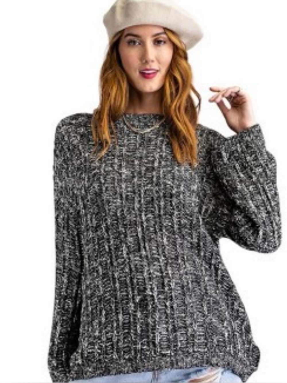 Boutique Easel black and white marled textured crewneck pullover sweater Size M